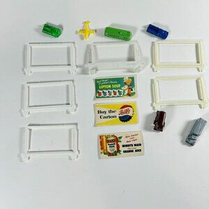 Vintage Plasticville 6 Toy Miniature Vehicles 6 Advertising Sign Stands 3 Signs